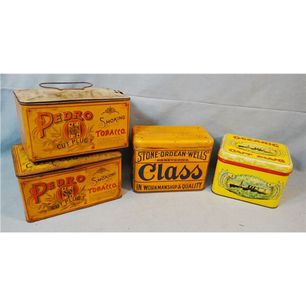 (4) tobacco tins, Class and Pedro, assorted sizes