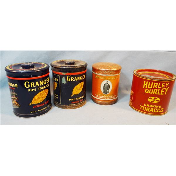 (4) tobacco tins, Granger,  Hurley Burley, Prince Albert, assorted sizes