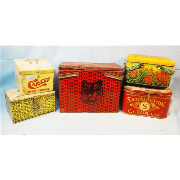 (5) tobacco tins, Tiger, Union Leader, Satisfaction, R A Patterson, Cinco, assorted sizes