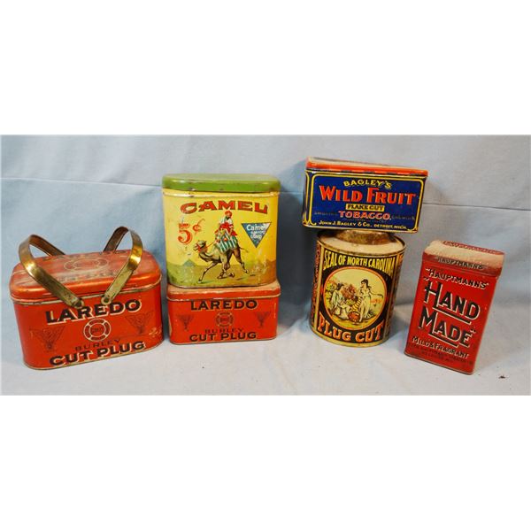 (6) tobacco tins, Camel, Wild Fruit, Hand Made, Seal of South Carolina, Laredo, assorted sizes