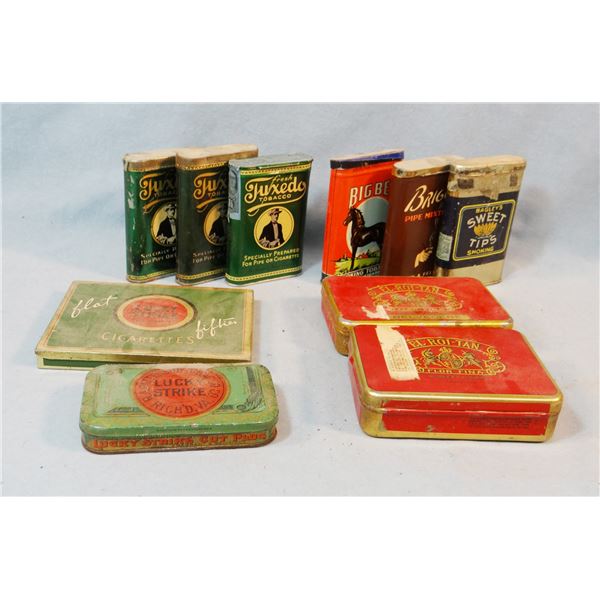 (10) tobacco tins, Lucky Strike, Big Ben, Briggs, Sweet Tips, Tuxedo, El Roi Tan, assorted sizes