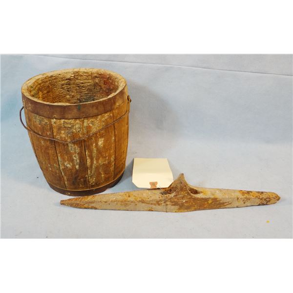 2 pcs: vintage pick axe head and vintage wooden bucket, 7" h