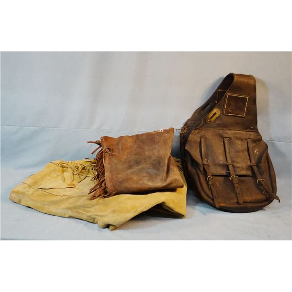 3 pcs: pigskin saddle bags, some repairs; chap leather pouch; rough-out leather leggings, 30"