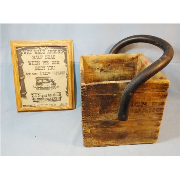 2 pcs: Vintage explosives box from Cripple Creek, CO. and Cripple Creek Undertakers poster, 10" x 8"