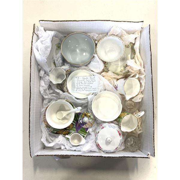 BOX OF CUPS AND SAUCERS,  CREAMERS, BOWLS, ETC - OCCUPIED JAPAN, ROYAL DOULTON, ETC