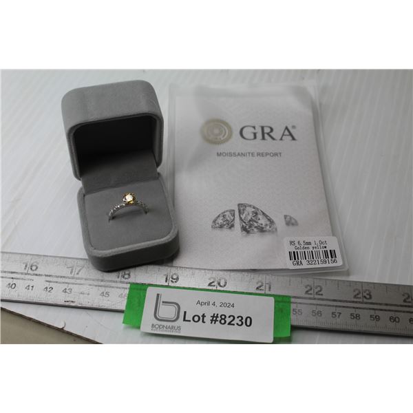 Sterling Silver GRA Certified Yellow Moissanite (1c) With Cubic Zirconia on the Band Ring - Size 7