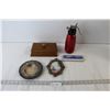 Image 1 : Wooden Box With Lid, Mechanical Pencil, Soda Siphon, Oval Picture Frame, Silver Plated Dish