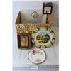 Image 1 : Basket, Metal Plate, Royal Albert Plate, Mug, Picture in Frame, Bag