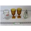 Image 1 : Vintage Glass Sugar Dispenser, Carlberg Mug, (2) Amber Glass Goblets