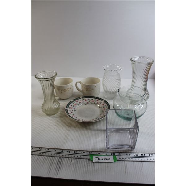 (2) Godiva Mugs, (5) Vases, Plate with Chip