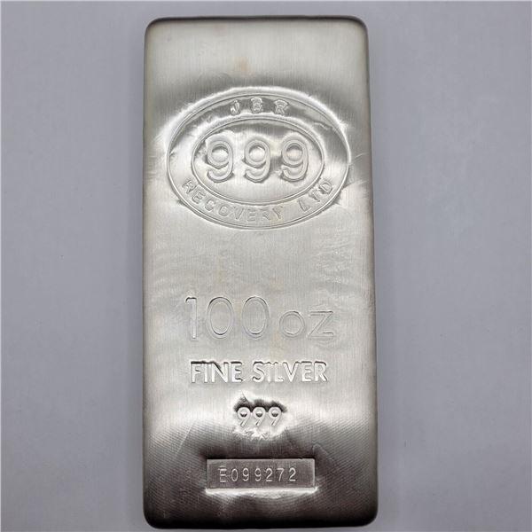 100 oz JBR Bullion Bar of .999 Fine Silver