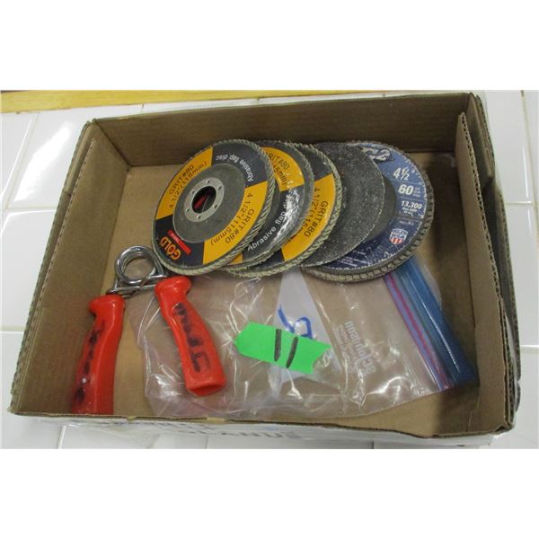 BOX C/W GRINDING DISCS, EXERCISER, ETC