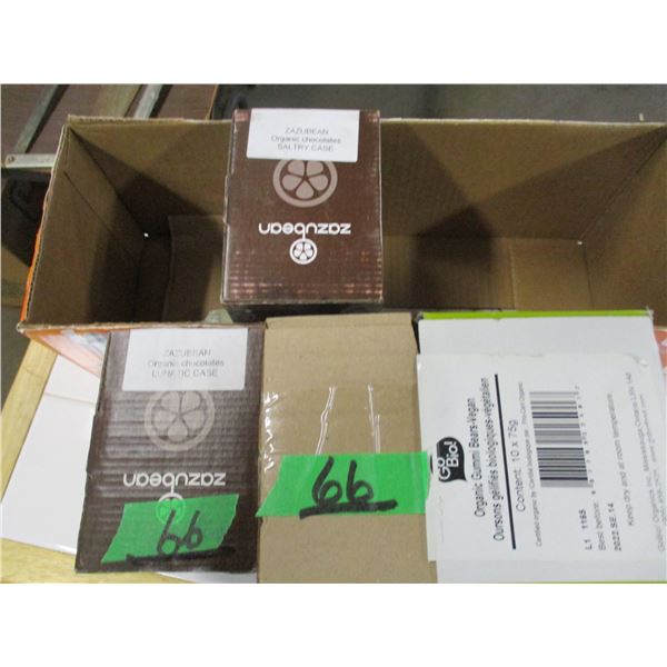 FREIGHT DAMAGE (AS IS):  2 BOXES ZOZU BEAN CHOCOLATES & 1 BOX ORGANIC GUMMIE BEARS