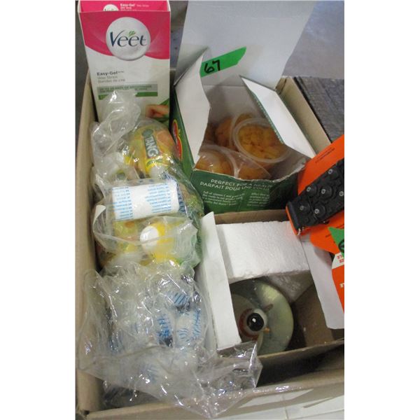 FREIGHT DAMAGE (AS IS):  BOX C/W TANG DRINK, FRUIT CUPS, SLIP GUARDS, ETC