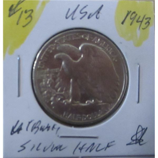 1943 USA WALKING LIBERTY SILVER HALF DOLLAR