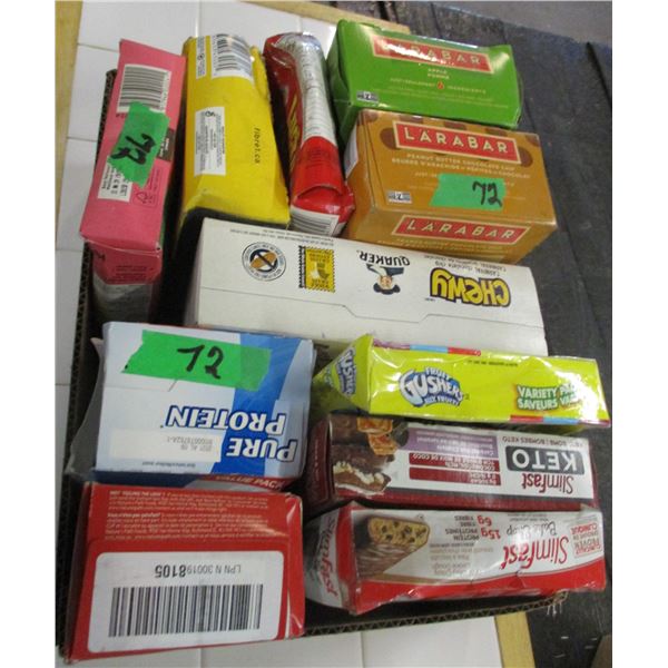 FREIGHT DAMAGE (AS IS):  BOX C/W KETO BARES, LARABARS, CHEWY BARS, CRACKERS, ETC