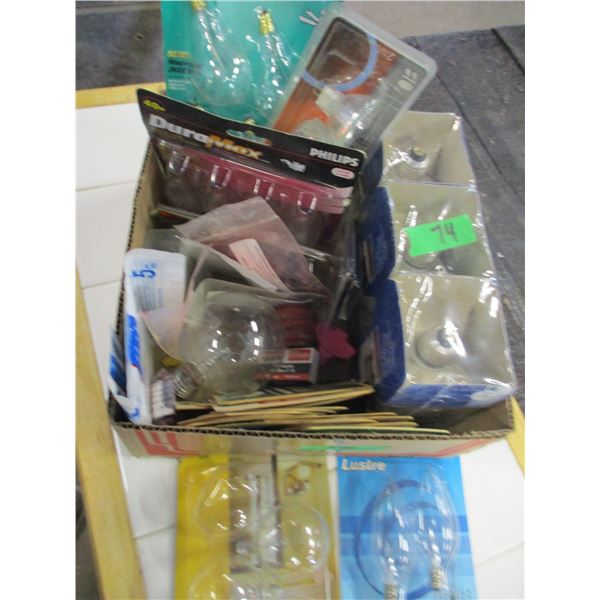 BOX C/W LIGHT BULBS, COASTERS, ETC