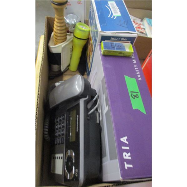BOX C/W VANITY MIRROR, PHONE, MISC ITEMS