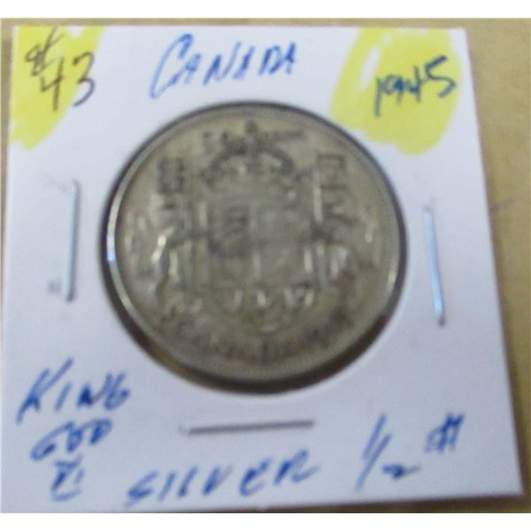 1945 CANADA KING GEORGE VI SILVER HALF DOLLAR
