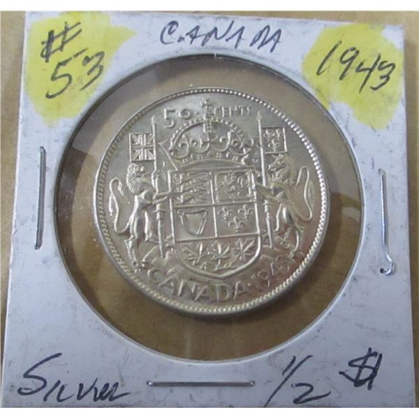 1943 CANADA KING GEORGE VI SILVER HALF DOLLAR