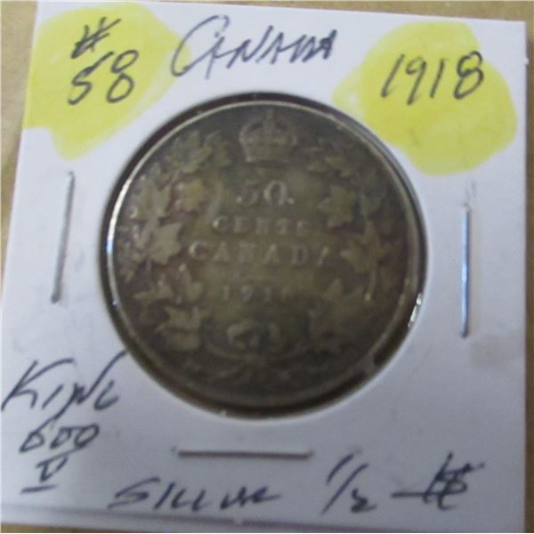 1918 CANADA KING GEORGE V SILVER HALF DOLLAR