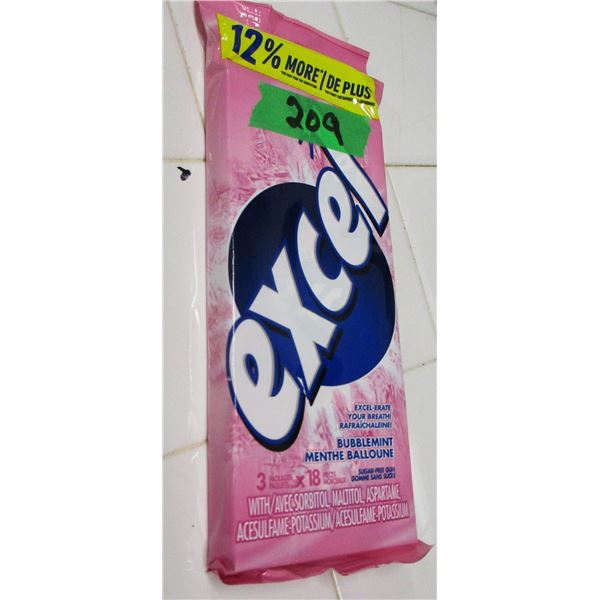 SHELF PULLS (AS IS):  EXCEL BUBBLEMINT GUM (3 PACKAGES/18 PIECES) - PACKAGE