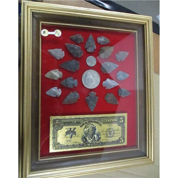 FRAMED PLAINS INDIAN ARROW HEADS, BANK NOTE & COIN SET
