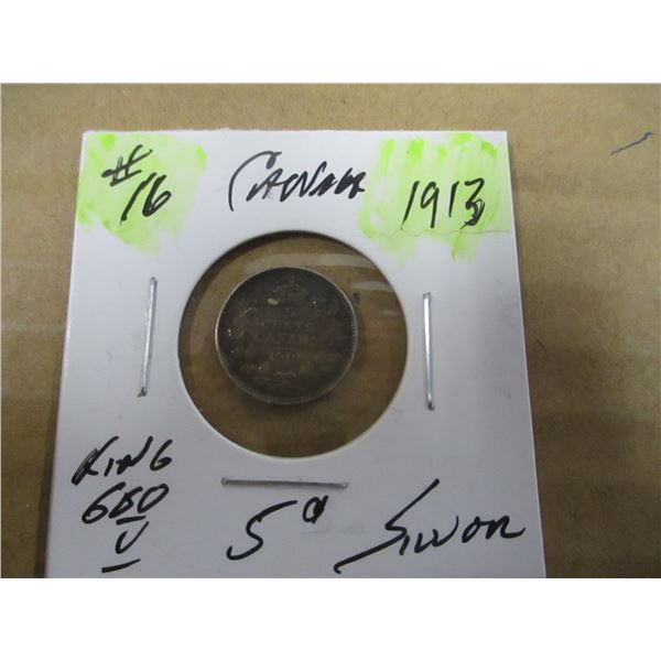 1913 CANADA KING GEORGE V SILVER FIVE CENT