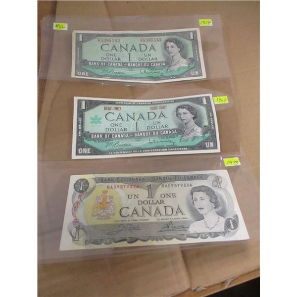 1954, 1967 & 1973 BANK OF CANADA LAST OF $1 BILLS