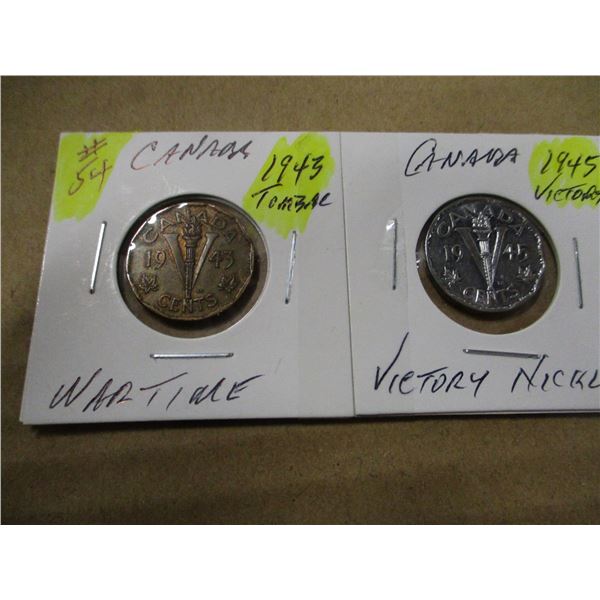1943 TOMBAC, 1945 VICTORY CANADA WARTIME NICKELS