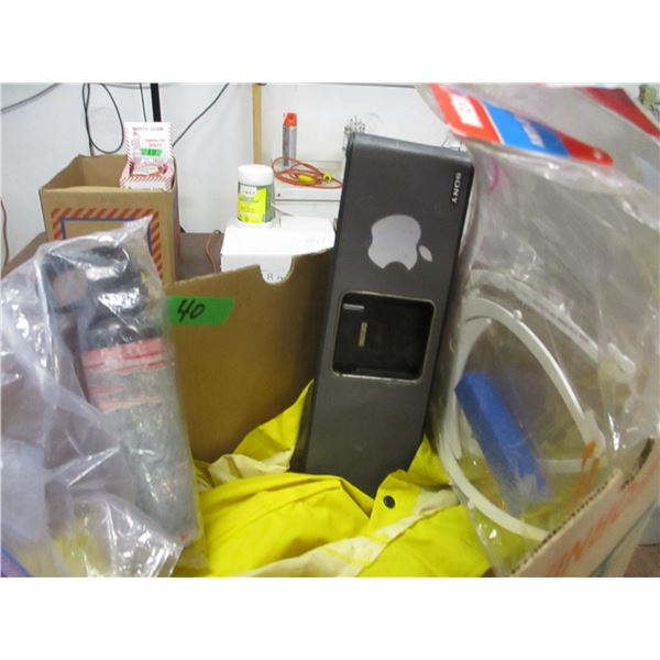 BOX C/W RAIN COAT, SONY IPOD DOCKING STATION, ETC