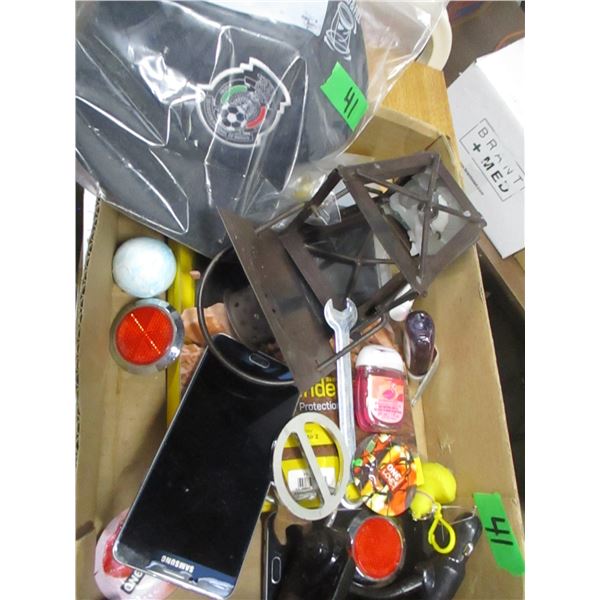BOX C/W BALL CAP, WRENCHES, CANDLES, ETC