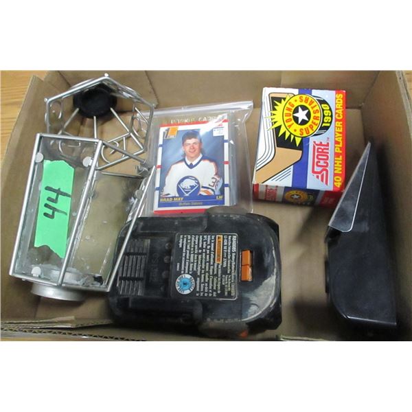 BOX C/W SPORTS CARDS, 18 VOLT RIGID BATTERY, ETC