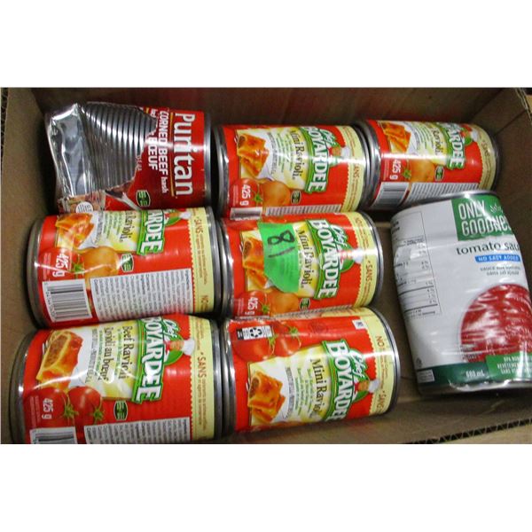 FREIGHT DAMAGE (AS IS):  BOX C/W ASSORTED CANNED GROCERIES (PASTA & SAUCE, STEW, ETC)