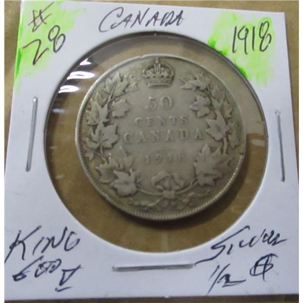 1918 CANADA KING GEORGE V SILVER HALF DOLLAR