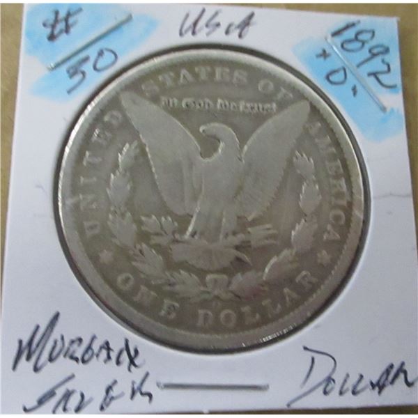 1892 "0" USA MORGAN SILVER DOLLAR