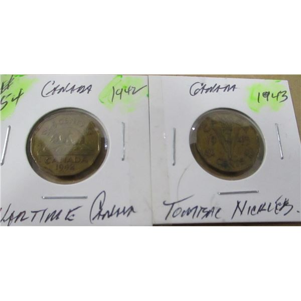 1942 - 1943 CANADA WARTIME TOMBAC NICKELS