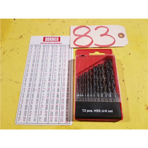 New Drill Set 1/16" to 1/4" with chart