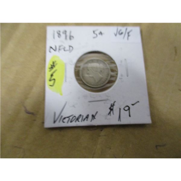 1896 NEWFOUNDLAND VICTORIAN SILVER FIVE CENT