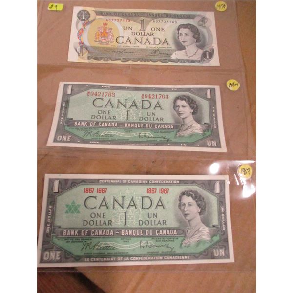 1973, 1954, & 1967 LAST OF CANADA $1 BILLS