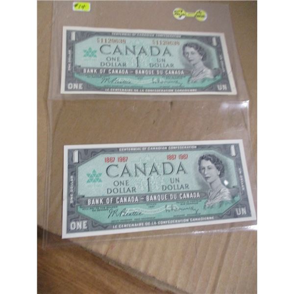 1967 SET OF 2 CENTENNIAL WITH SERIAL NUMBER & NO SERIAL NUMBER $1 BILLS