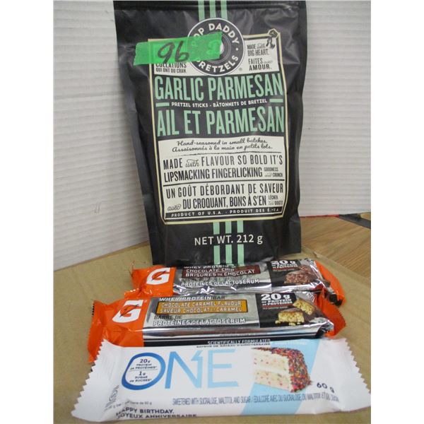 SHELF PULLS (AS IS):  GARLIC PRETZELS & 3 BARS