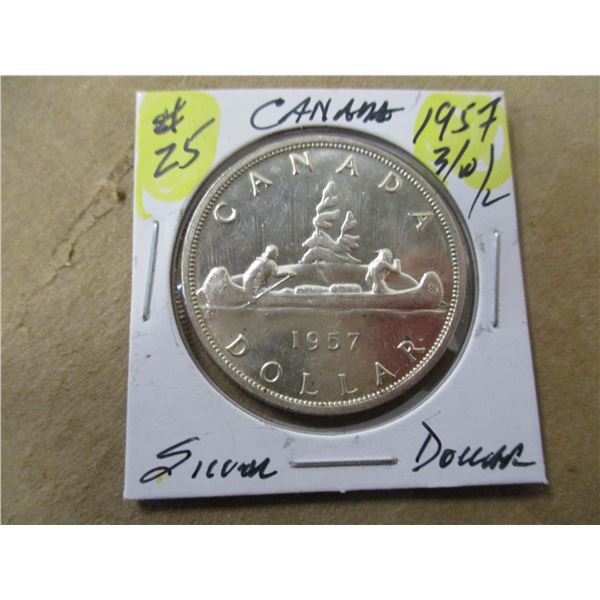 1957 (3 WATERLINE) CANADA SILVER DOLLAR