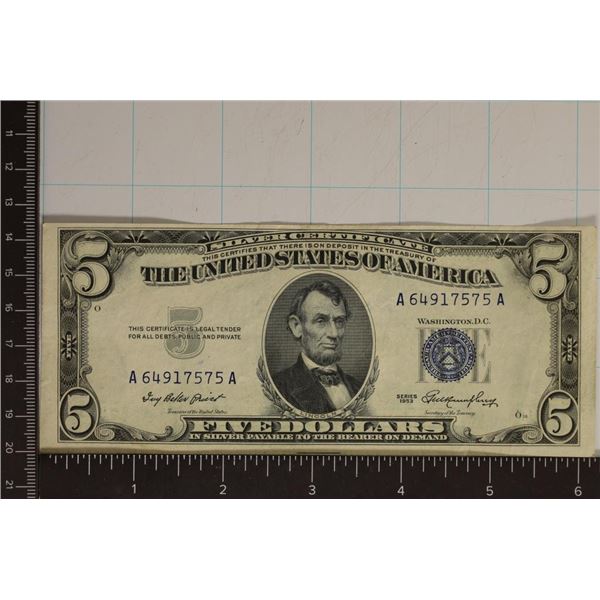 1953 US $5 SILVER CERTIFICATE BLUE SEAL CRISP UNC