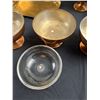 Image 8 : 6 Copper Bowls with Glass Inserts ( 1 Glass Insert Missing) & Trays