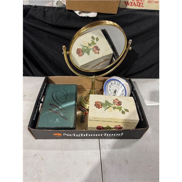 Jewelry boxes, mirror and clock