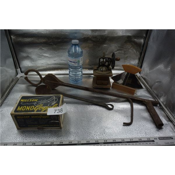 Antique coffee grinder, tongs, laddle, tanners