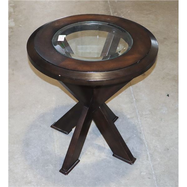 ROUND WOOD WITH GLASS TOP SIDE TABLE