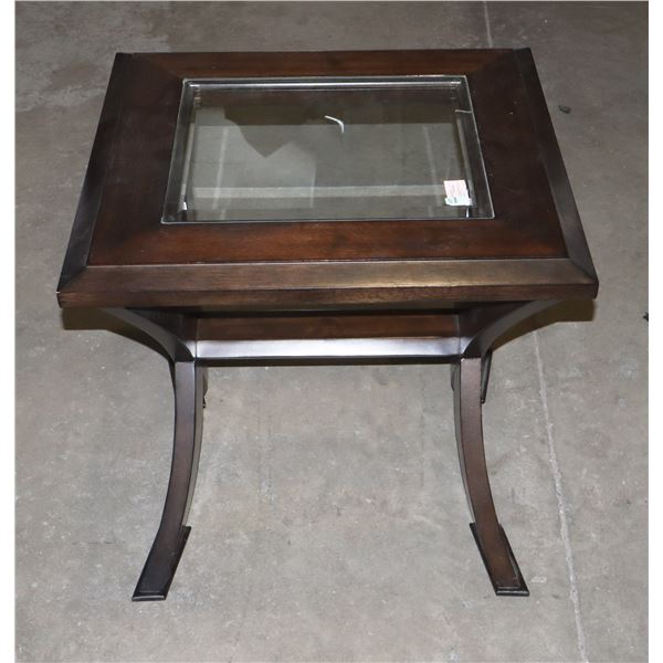 SQUARE WOOD WITH GLASS TOP SIDE TABLE