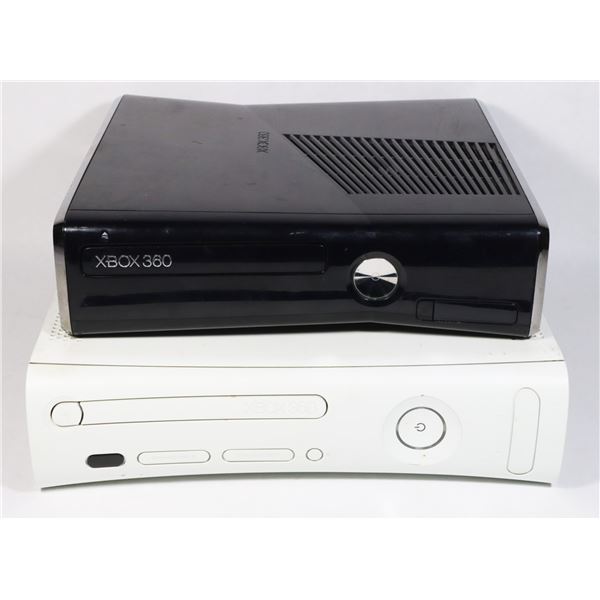 TWO XBOX 360 CONSOLES. BLACK TESTED, WORKS BUT